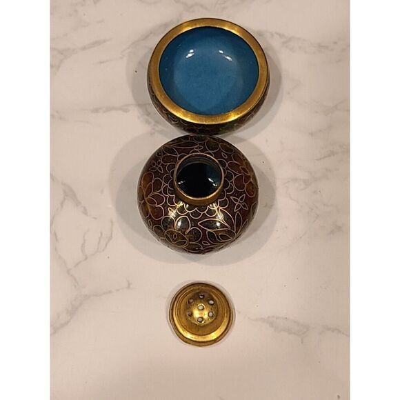 Cloisonné Open Salt Bowl Cellar Pepper Shaker Flower Enamel Brass Stacking Brown - Picture 2 of 8